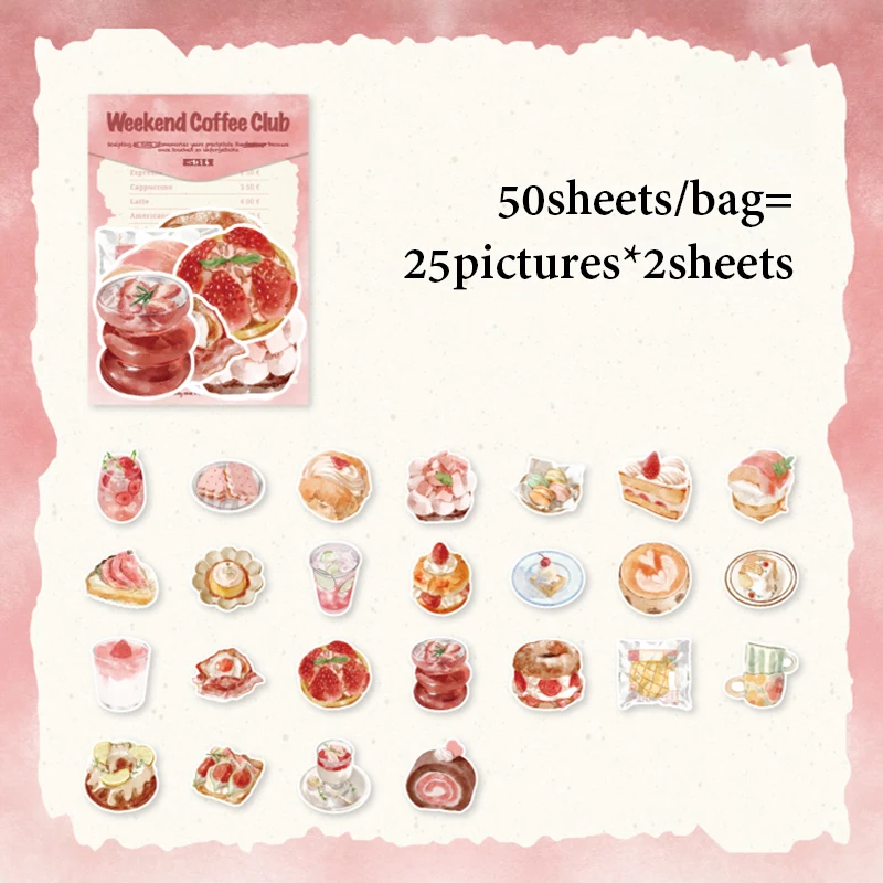 Mr.Paper 50Pcs/Bag Sweet Collection Series Washi Stickers Watercolor Food & Coffee for Journal Scrapbook & Planner