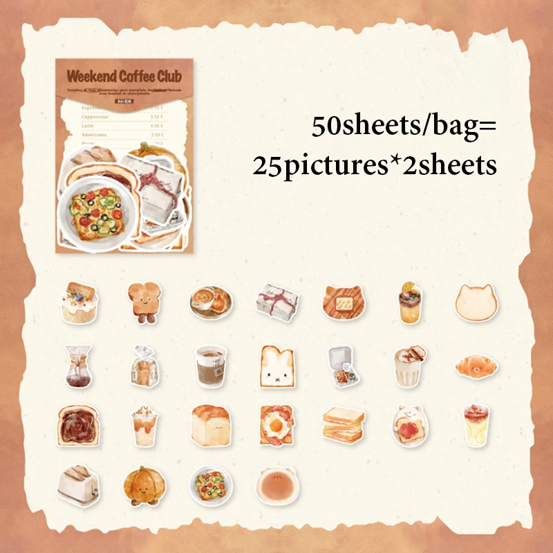 Mr.Paper 50Pcs/Bag Sweet Collection Series Washi Stickers Watercolor Food & Coffee for Journal Scrapbook & Planner
