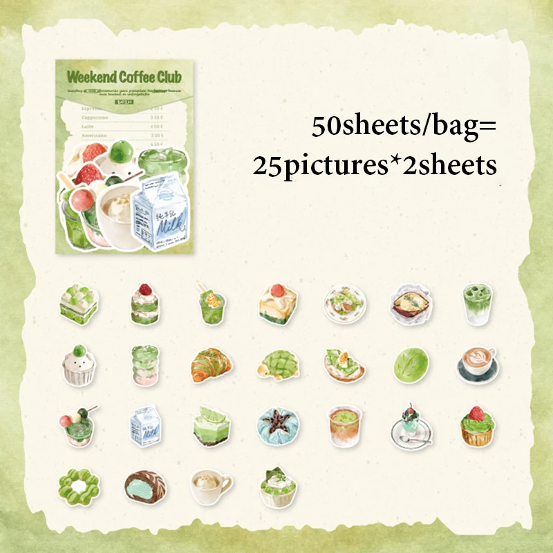Mr.Paper 50Pcs/Bag Sweet Collection Series Washi Stickers Watercolor Food & Coffee for Journal Scrapbook & Planner
