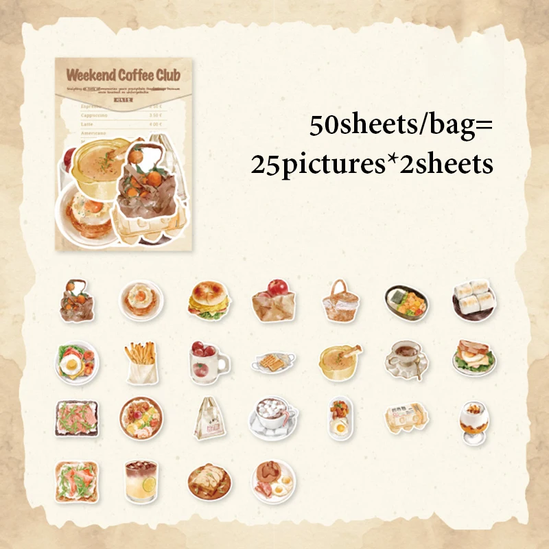Mr.Paper 50Pcs/Bag Sweet Collection Series Washi Stickers Watercolor Food & Coffee for Journal Scrapbook & Planner