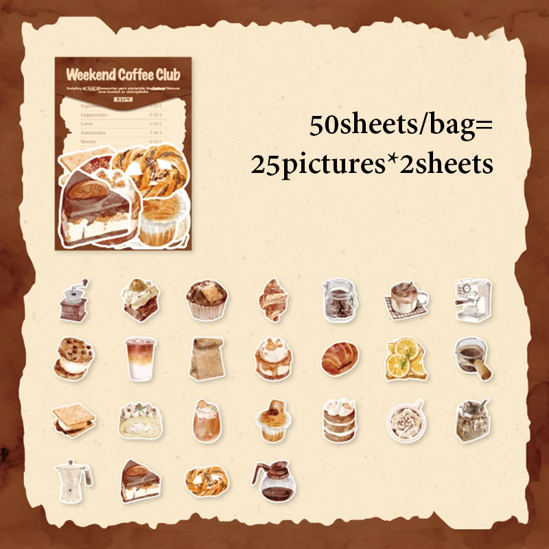 Mr.Paper 50Pcs/Bag Sweet Collection Series Washi Stickers Watercolor Food & Coffee for Journal Scrapbook & Planner
