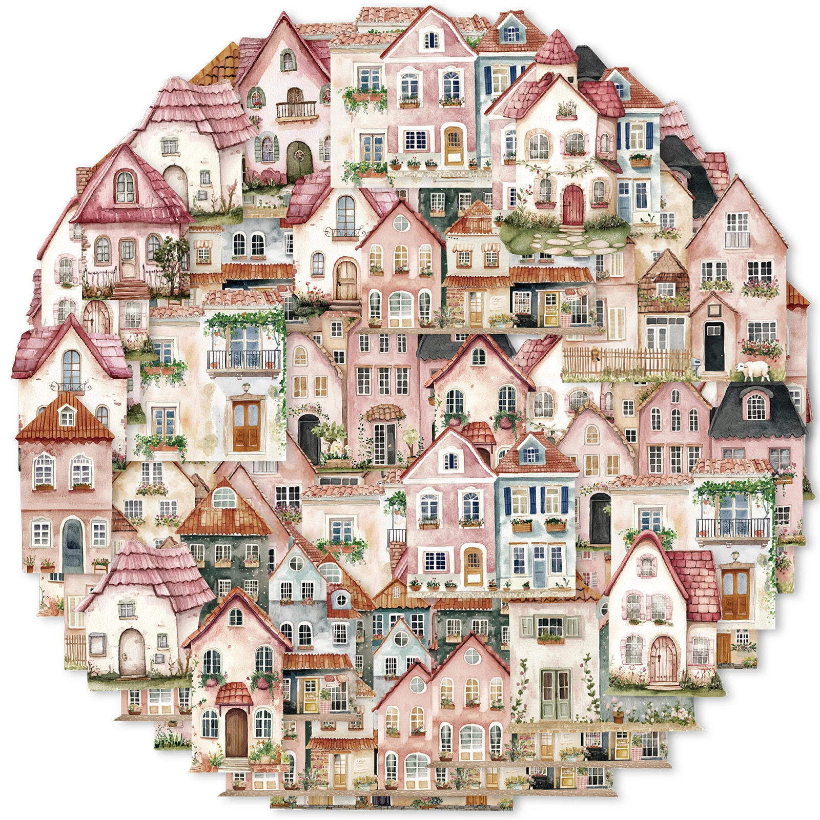 15pcs of Pink Ins Small House Building Retro PET Stickers for Laptop Luggage Phone Cases Birthday Gift Rooms Decoration