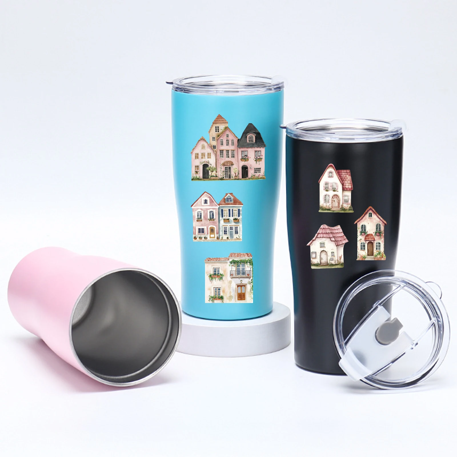 15pcs of Pink Ins Small House Building Retro PET Stickers for Laptop Luggage Phone Cases Birthday Gift Rooms Decoration