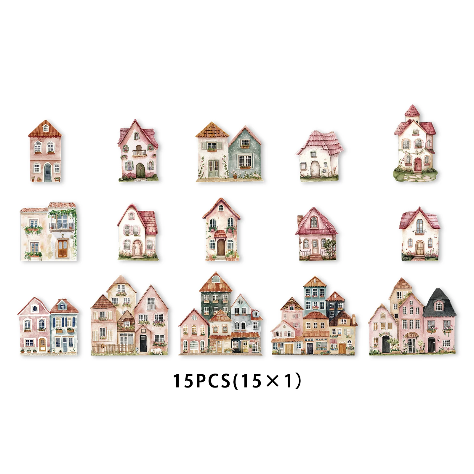 15pcs of Pink Ins Small House Building Retro PET Stickers for Laptop Luggage Phone Cases Birthday Gift Rooms Decoration