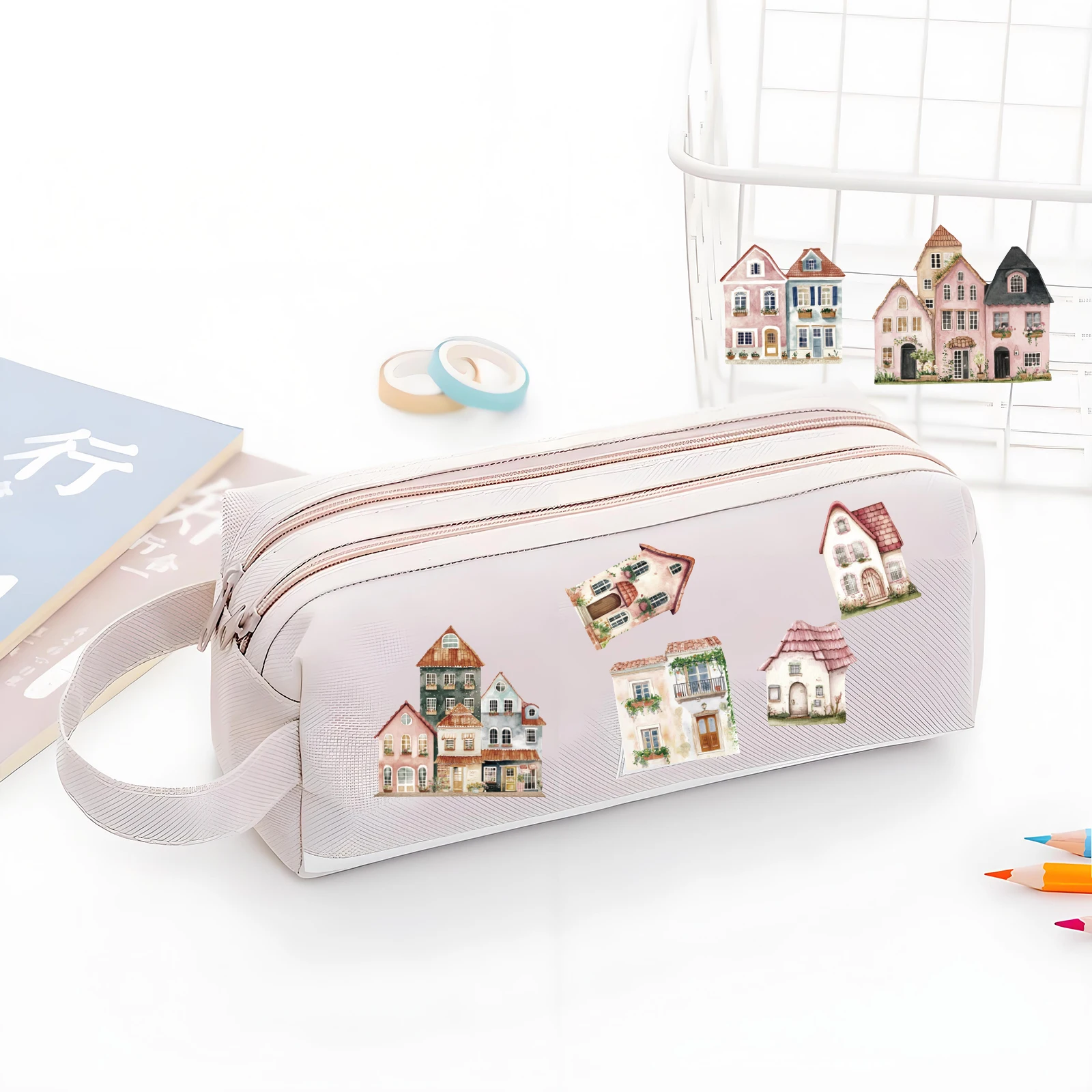 15pcs of Pink Ins Small House Building Retro PET Stickers for Laptop Luggage Phone Cases Birthday Gift Rooms Decoration