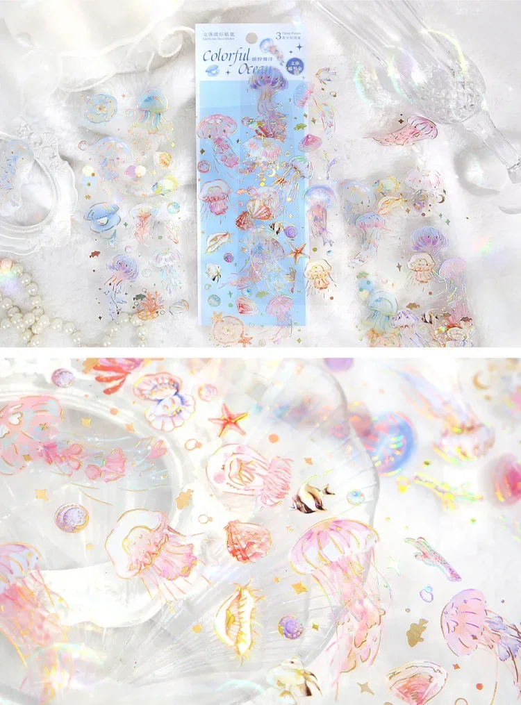 3pcs Kawaii Feather Dragonfly Bird Jellyfish Decorative Stickers Pack Scrapbooking Material Label Diary Phone Journal Planner