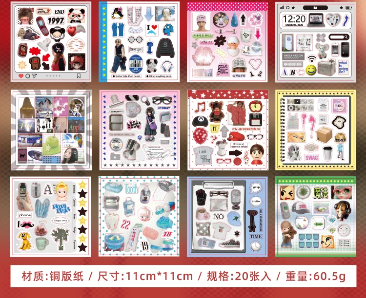 Colorful Market Theme Die-Cut Stickers Book 20 Pcs for DIY Decorative Scrapbook Phone Case Collage Aesthetic Stationery Stickers