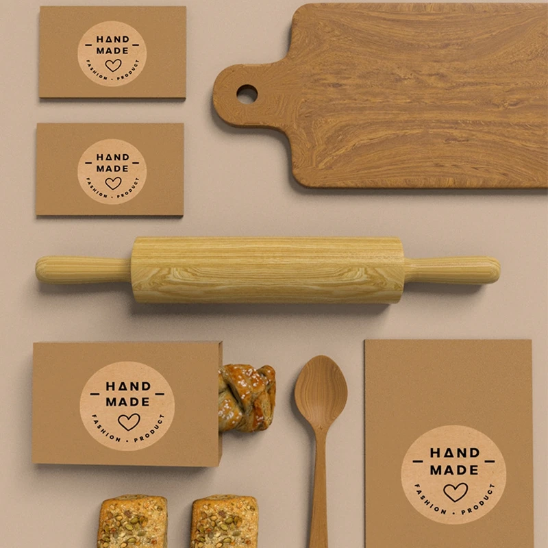 100-500pcs Kraft Paper Handmade with Love Stickers Thank You Sticker for Baking Packaging Envelope Seals Small Business Stickers