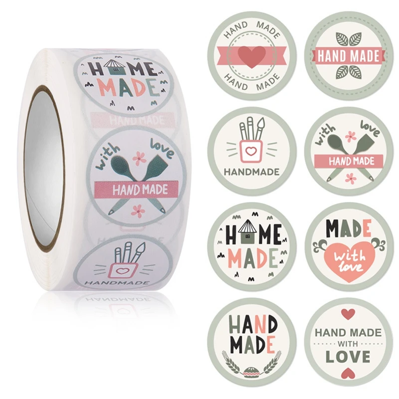 100-500pcs Kraft Paper Handmade with Love Stickers Thank You Sticker for Baking Packaging Envelope Seals Small Business Stickers