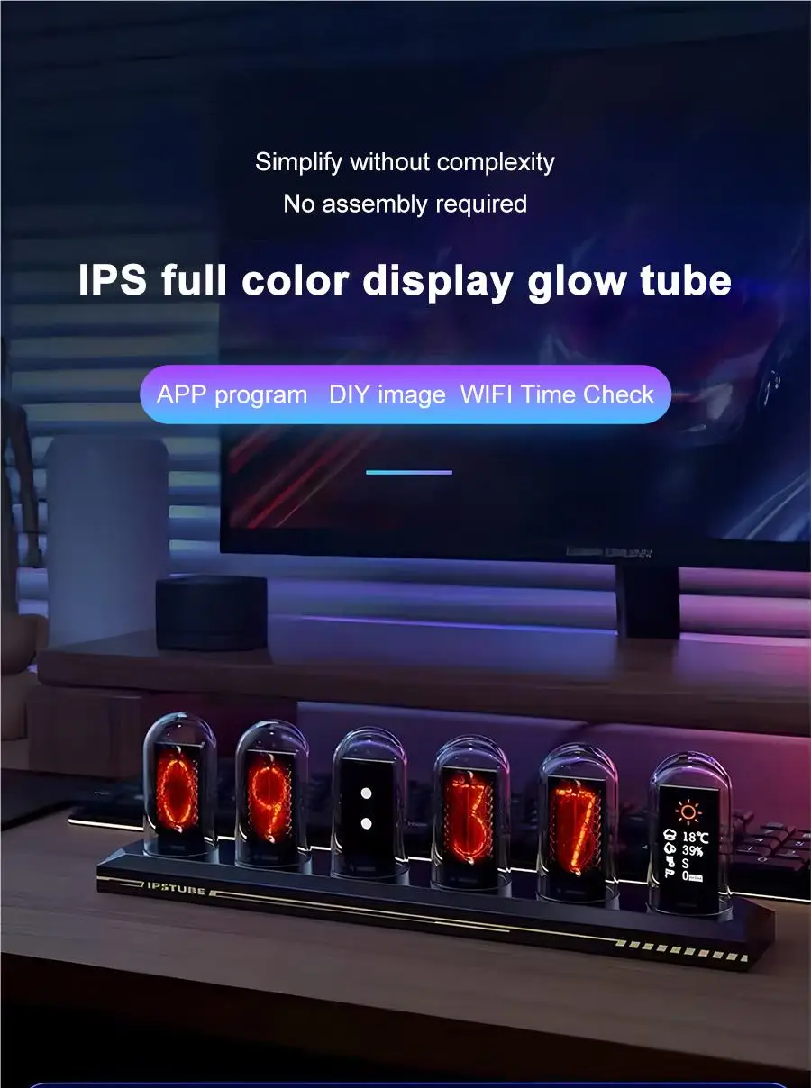 RGB Nixie Tube Clock LED Glows IPS Color Screen DIY Analog Digital Tube Night Lights Gaming Desktop Home Decoration Gift Idea