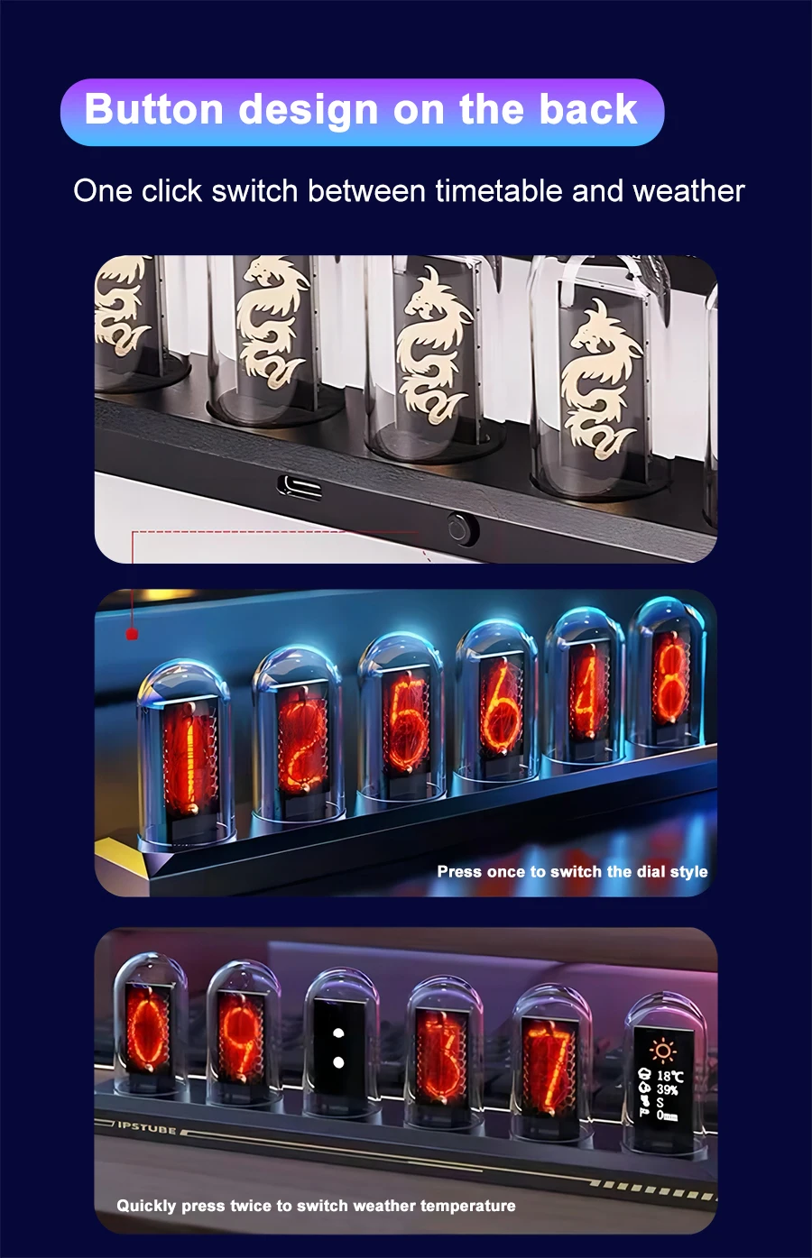 RGB Nixie Tube Clock LED Glows IPS Color Screen DIY Analog Digital Tube Night Lights Gaming Desktop Home Decoration Gift Idea