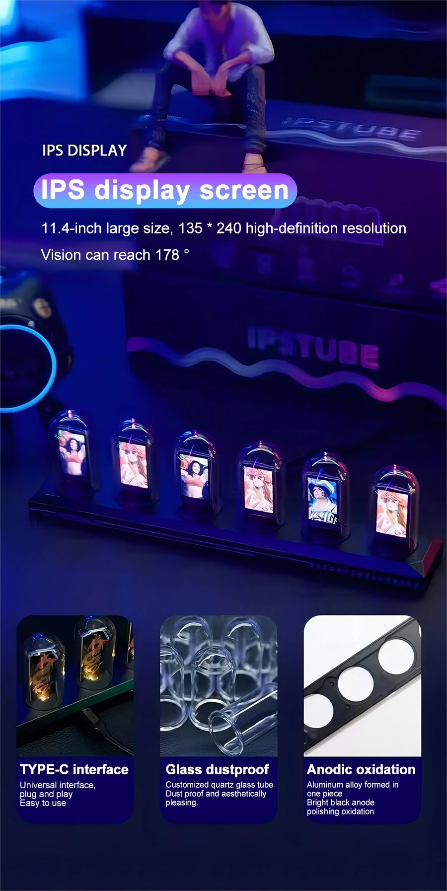 RGB Nixie Tube Clock LED Glows IPS Color Screen DIY Analog Digital Tube Night Lights Gaming Desktop Home Decoration Gift Idea