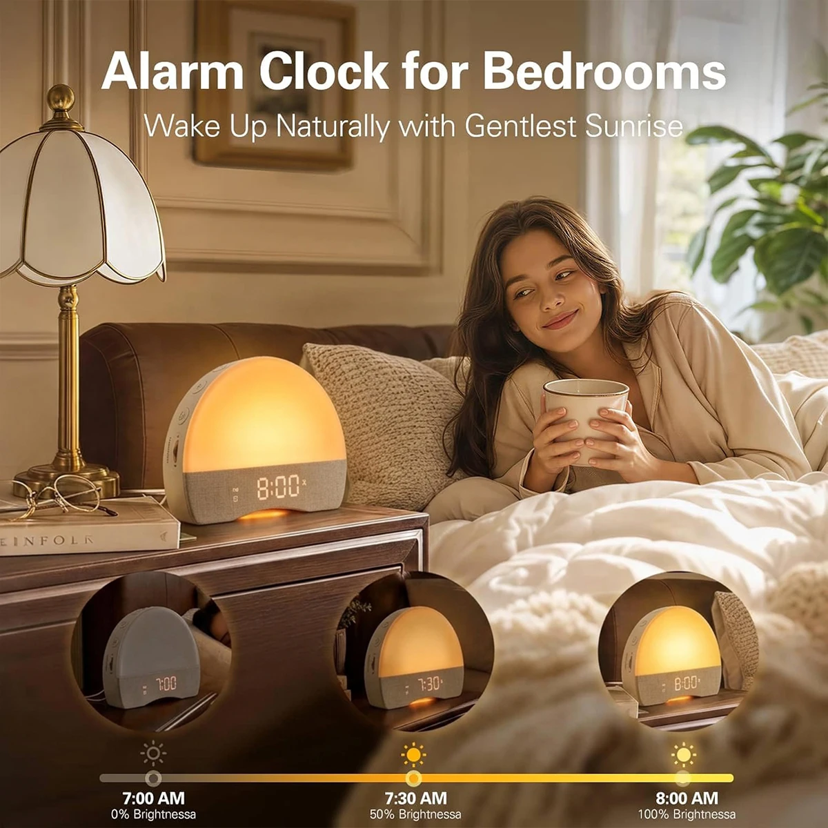 Wake Up Lights Sunrise Alarm Clock Dimmable Night Light White Noise Sound Machine with 30 Soothing Sounds for Heavy Sleeper Gift