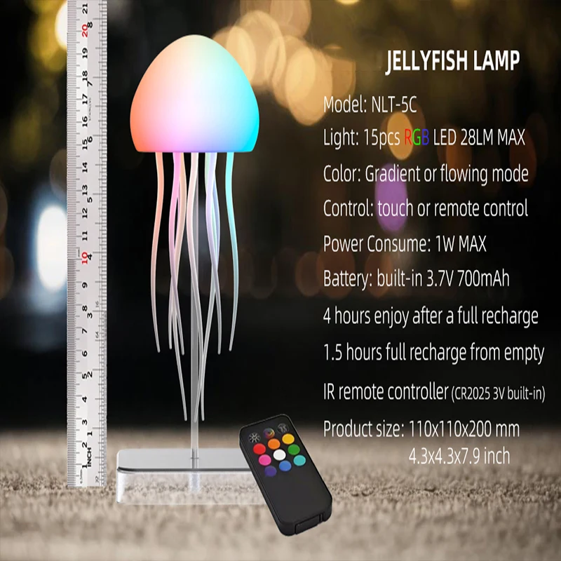 LED Jellyfish Lamp with 9 Tentacles 2 Working Modes Ultra Long Battery Life Colour Gradient Light Effects with Remote Control