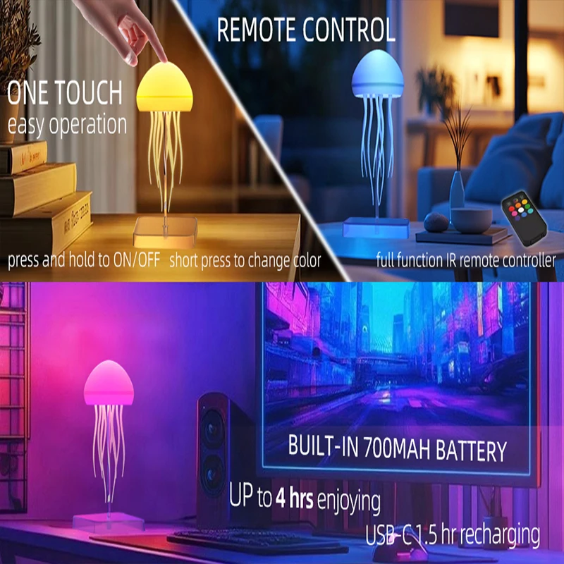 LED Jellyfish Lamp with 9 Tentacles 2 Working Modes Ultra Long Battery Life Colour Gradient Light Effects with Remote Control