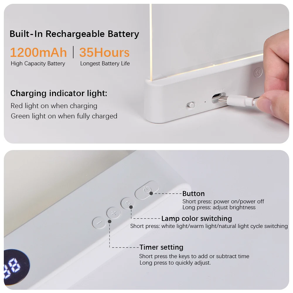 LED Book Light and Night Light 2 in 1, 3 Color Temperatures & Stepless Dimming, USB Rechargeable Reading Light with Timer for Ni
