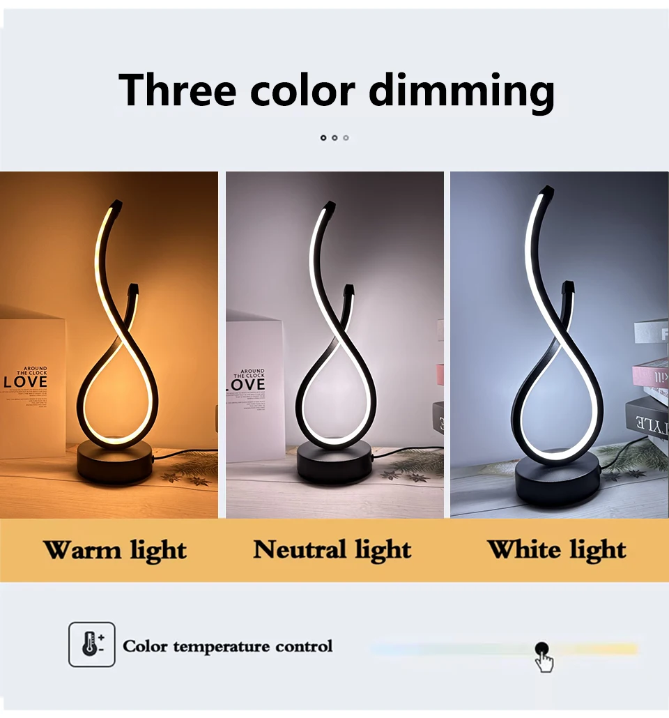 LED Night Table Lamp Modern Spiral Dimmable Bedside Bedroom Lamps Nightstand Desk Lamp Night Light for Living Room Home Office