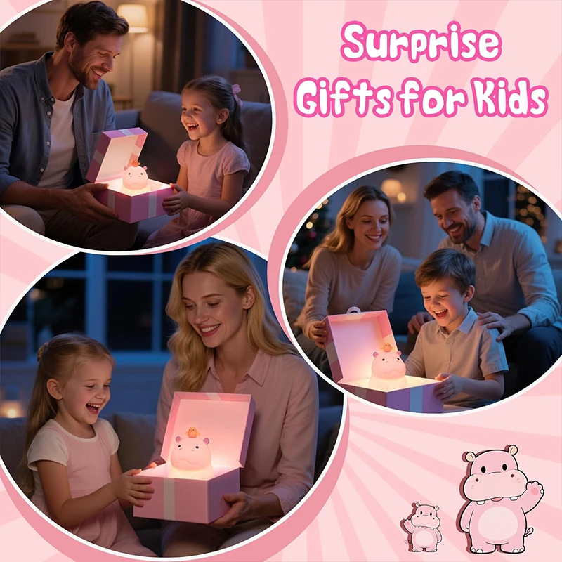 Hippo Night Light, Cute Hippopotamus Lamp for Kids, Soft Silicone Nursery Nightlight LED Touch Lamps, Kids Bedroom Decor