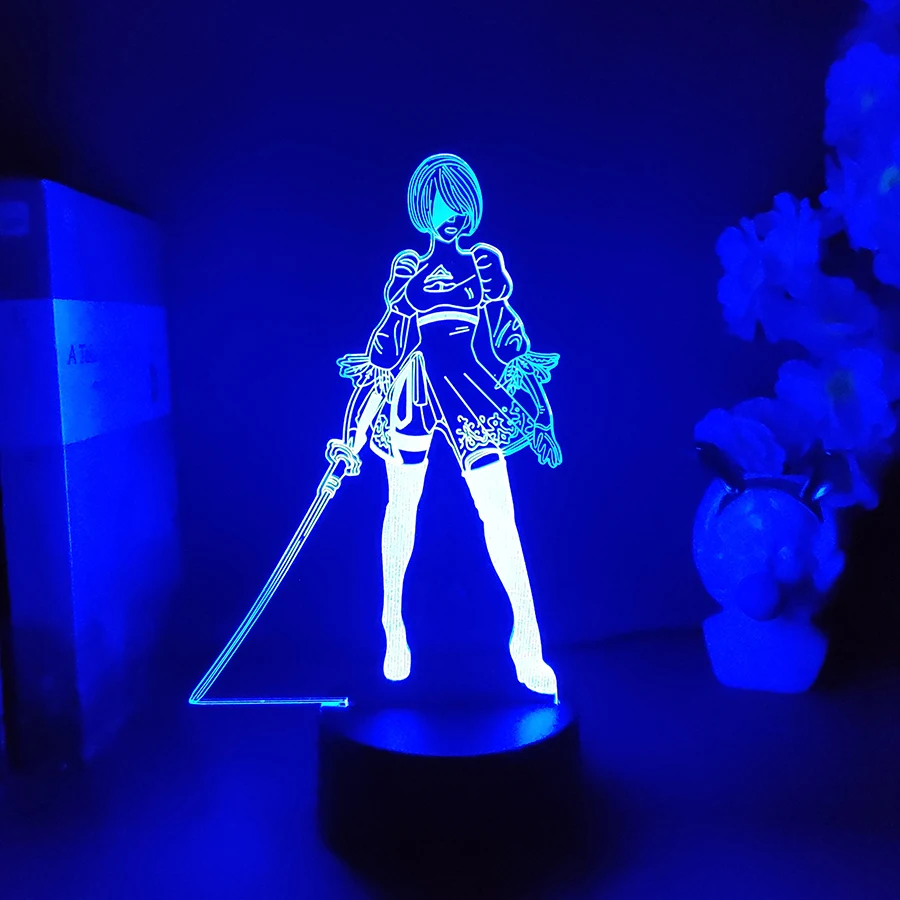 Nie-R YoRHa 2B Figure RGB Lamp Gamer Setup Decoration LED 7 Color Changing Nightlight Kids Gaming Room Desk Backlight