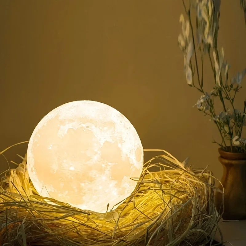 LED Night Light 3D Printed Moon Lamp 12CM Battery-Powered with Stand Starry Sky Light Three-Color Bedroom Decoration Gift