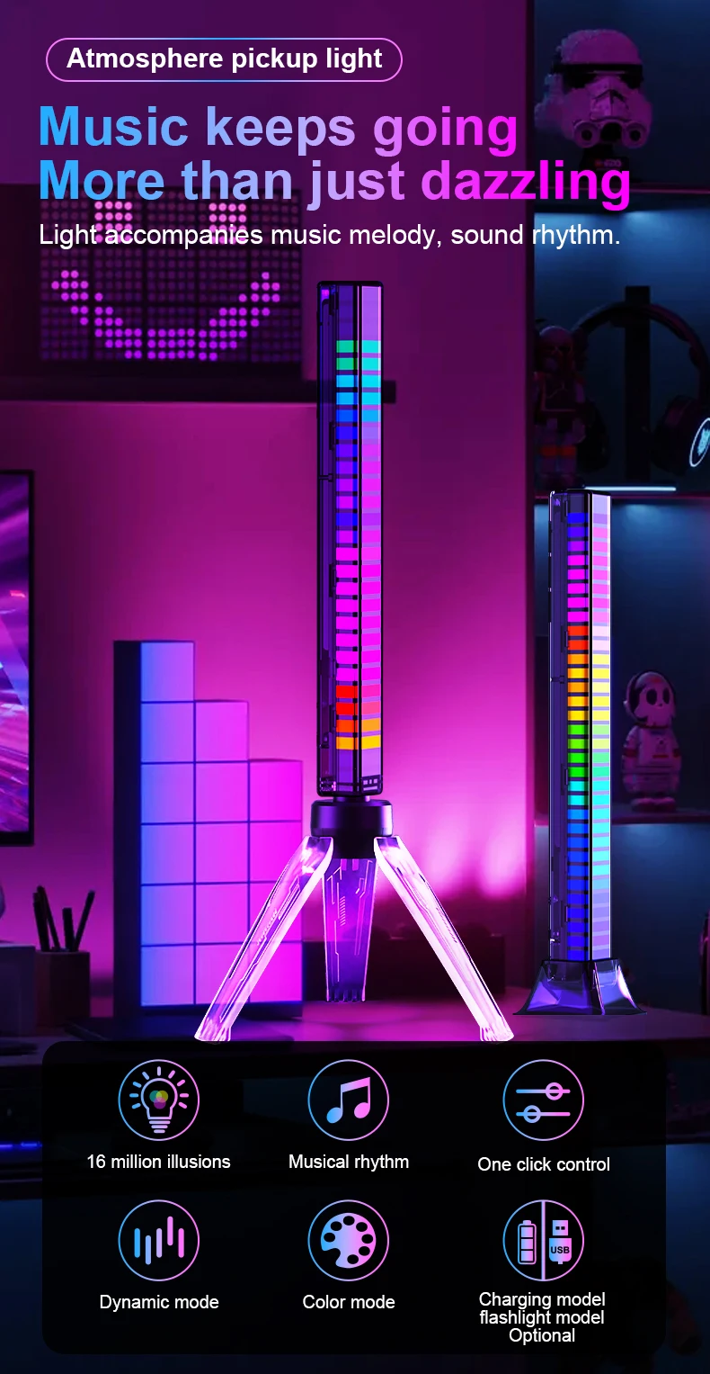 RGB Sound Pickup Lamp LED Atmosphere Lights Music Rhythm Light Muticolor Music Sync for Party Esports Room Automobile Decoration