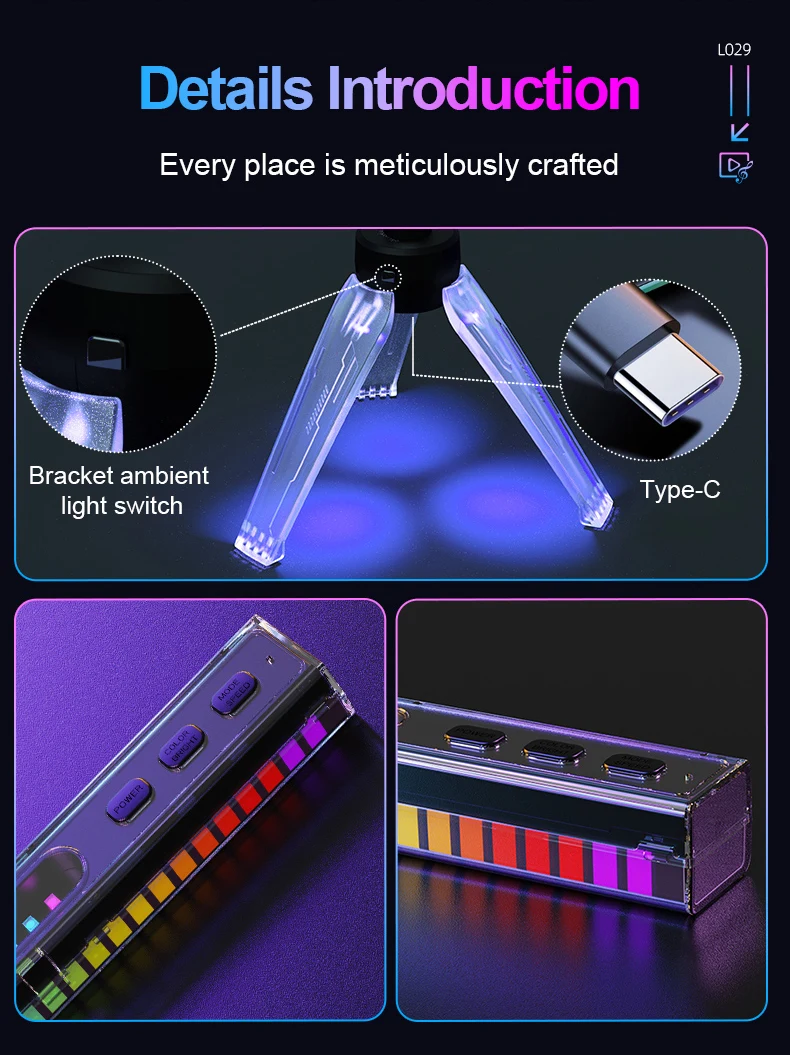 RGB Sound Pickup Lamp LED Atmosphere Lights Music Rhythm Light Muticolor Music Sync for Party Esports Room Automobile Decoration