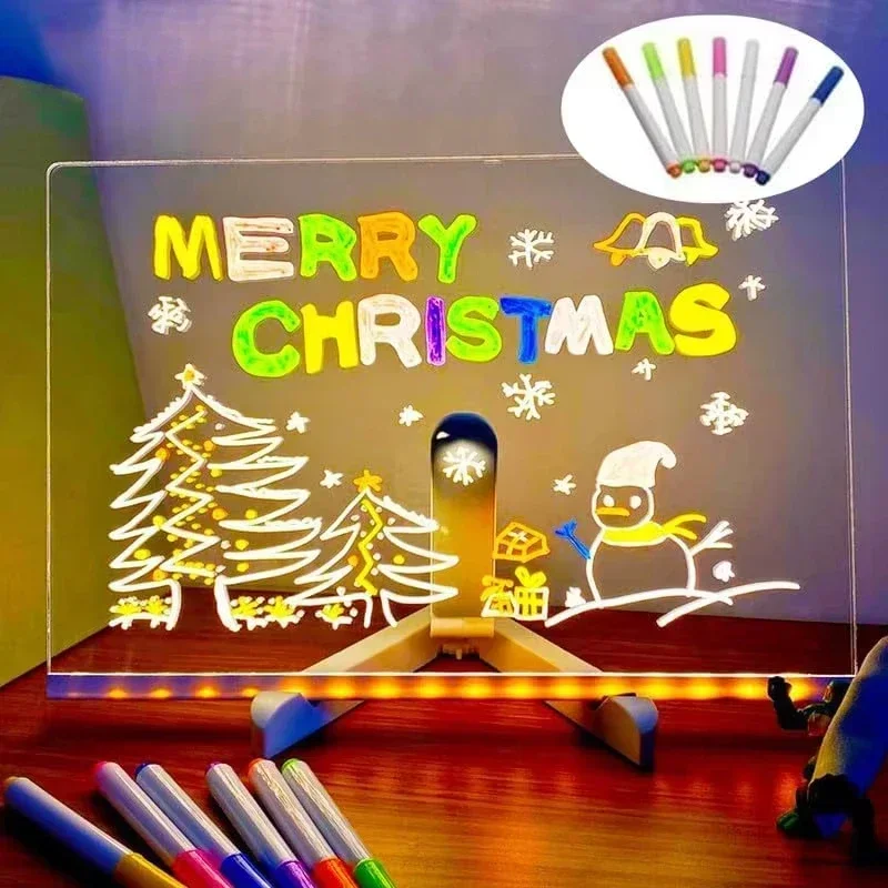 Acrylic Clear Light Up Drawing Board Glow Memo LED Rewritable Message Board Kids DIY Toys with 7 Color Markers Pen and Stand