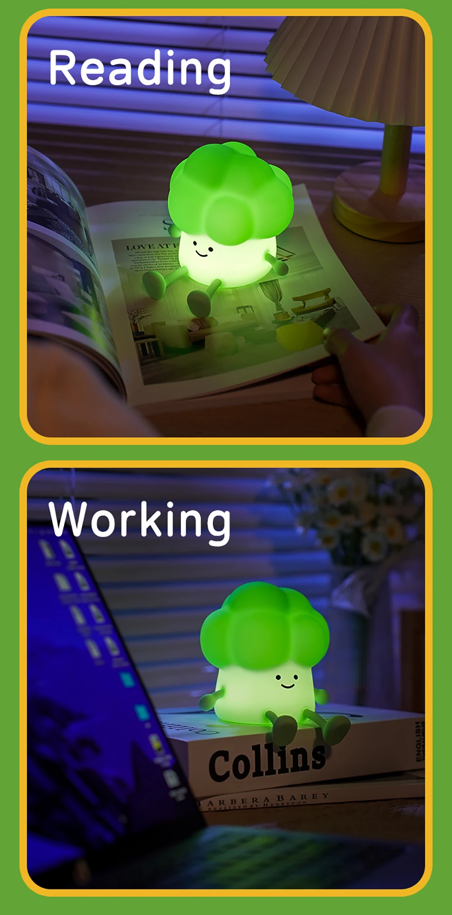 LED Silicone NightLights Cartoon Broccoli Sleep Lamp Patting Lights USB Charging Atmosphere Lamps Bedside Decor for Kids Gifts