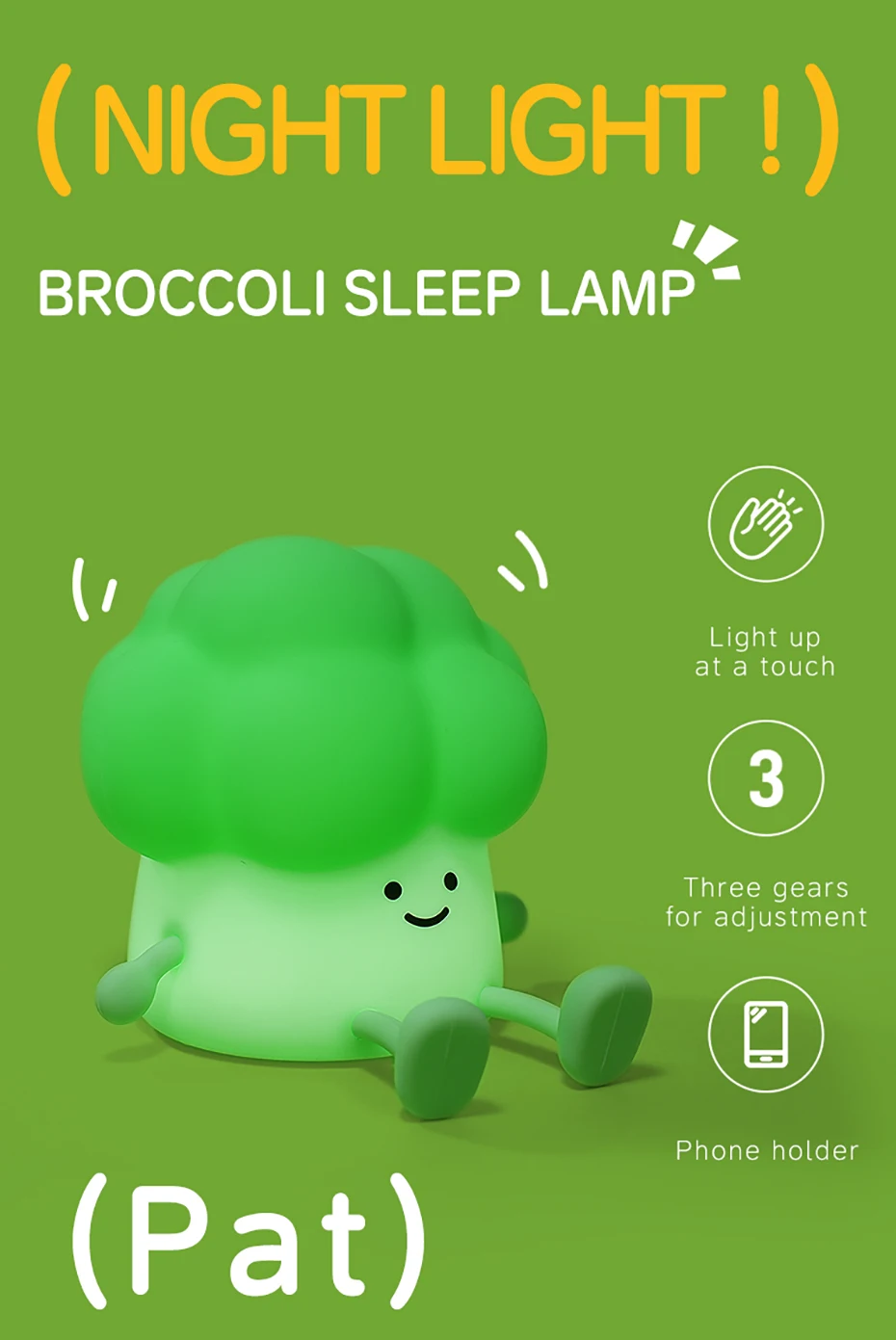 LED Silicone NightLights Cartoon Broccoli Sleep Lamp Patting Lights USB Charging Atmosphere Lamps Bedside Decor for Kids Gifts