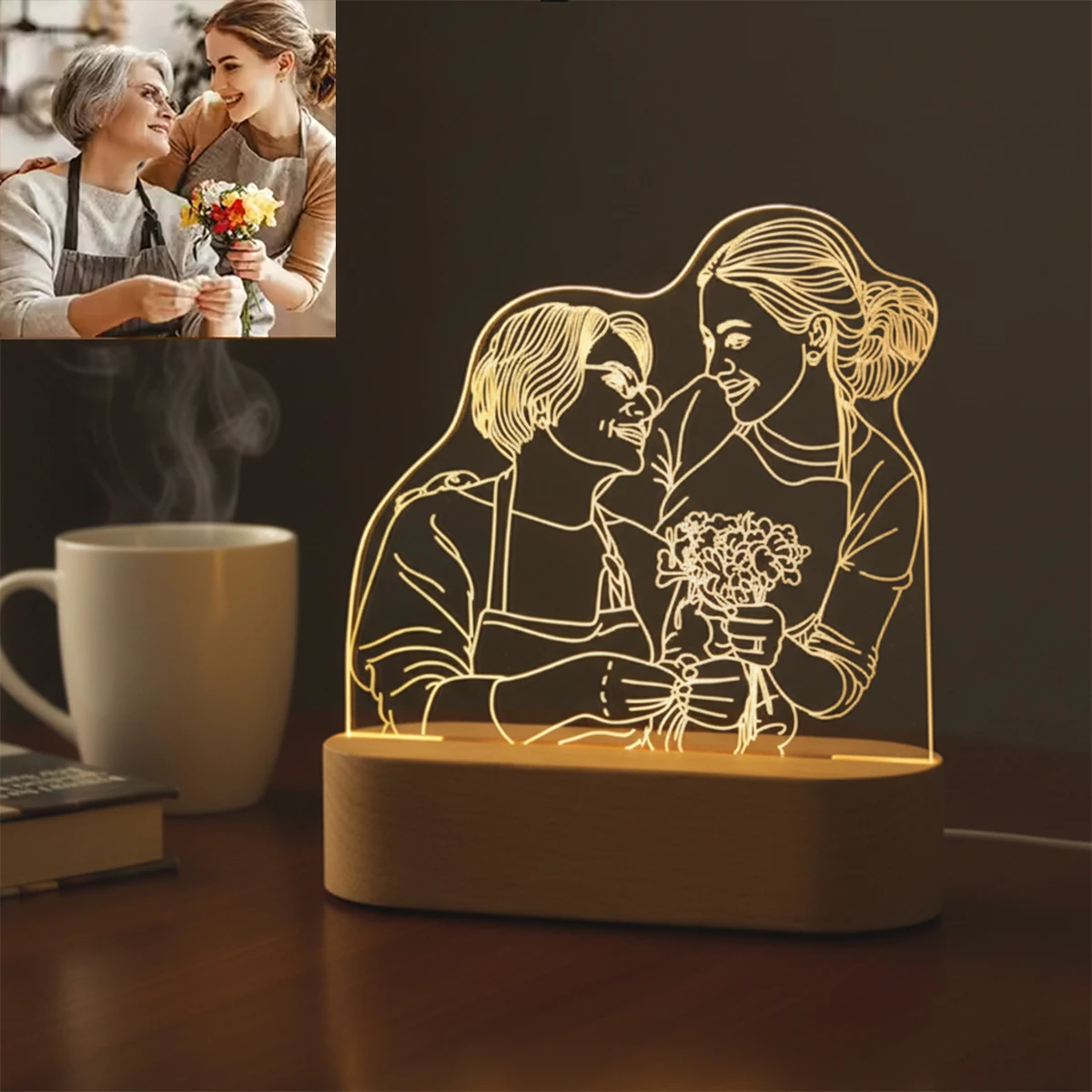 Personalized 3D Photo Lamp Custom Night Light with Wooden Base Unique Gift for Valentine's Day Wedding Anniversary Mother's Day