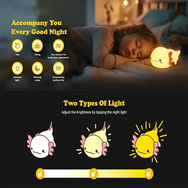 Axolotl Night Light, Dimmable Silicone Animal Nursery Nightlight,Kawaii Rechargeable Bedside Touch Lamp,Baby Room Decor