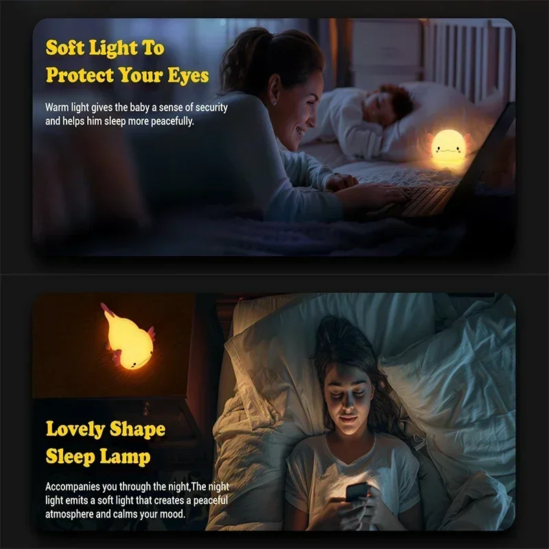 Axolotl Night Light, Dimmable Silicone Animal Nursery Nightlight,Kawaii Rechargeable Bedside Touch Lamp,Baby Room Decor