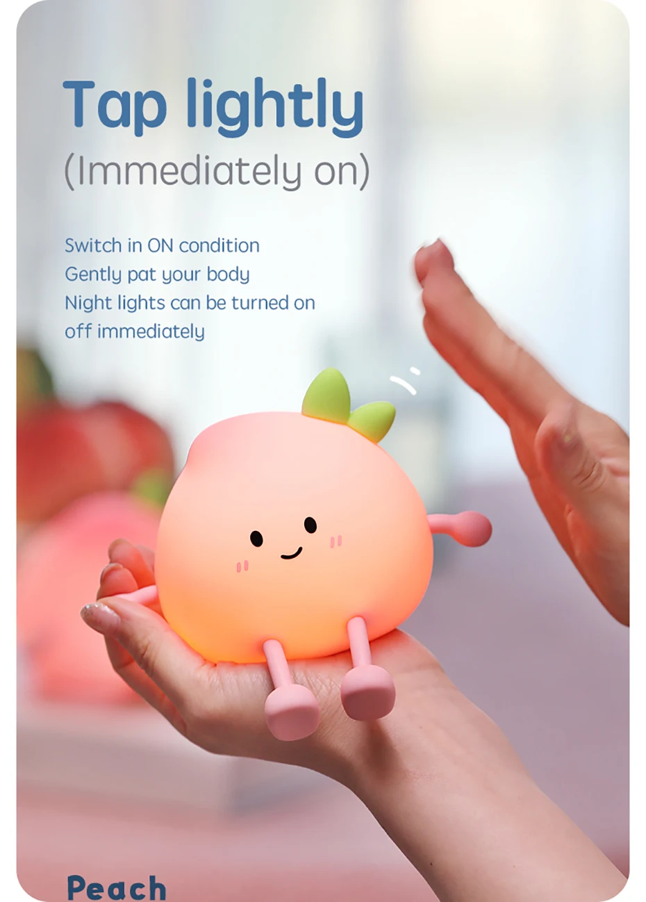 Cartoon Silicone Peach Sleep Lamp,USB ReChargable, LED Night Light for Children Holiday Gift, Cute Bedside Decor