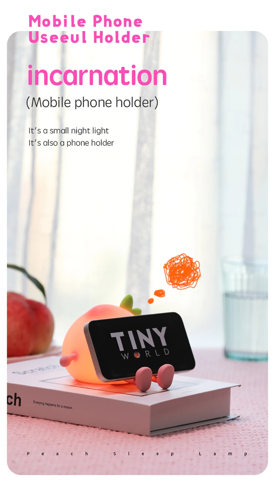 Cartoon Silicone Peach Sleep Lamp,USB ReChargable, LED Night Light for Children Holiday Gift, Cute Bedside Decor