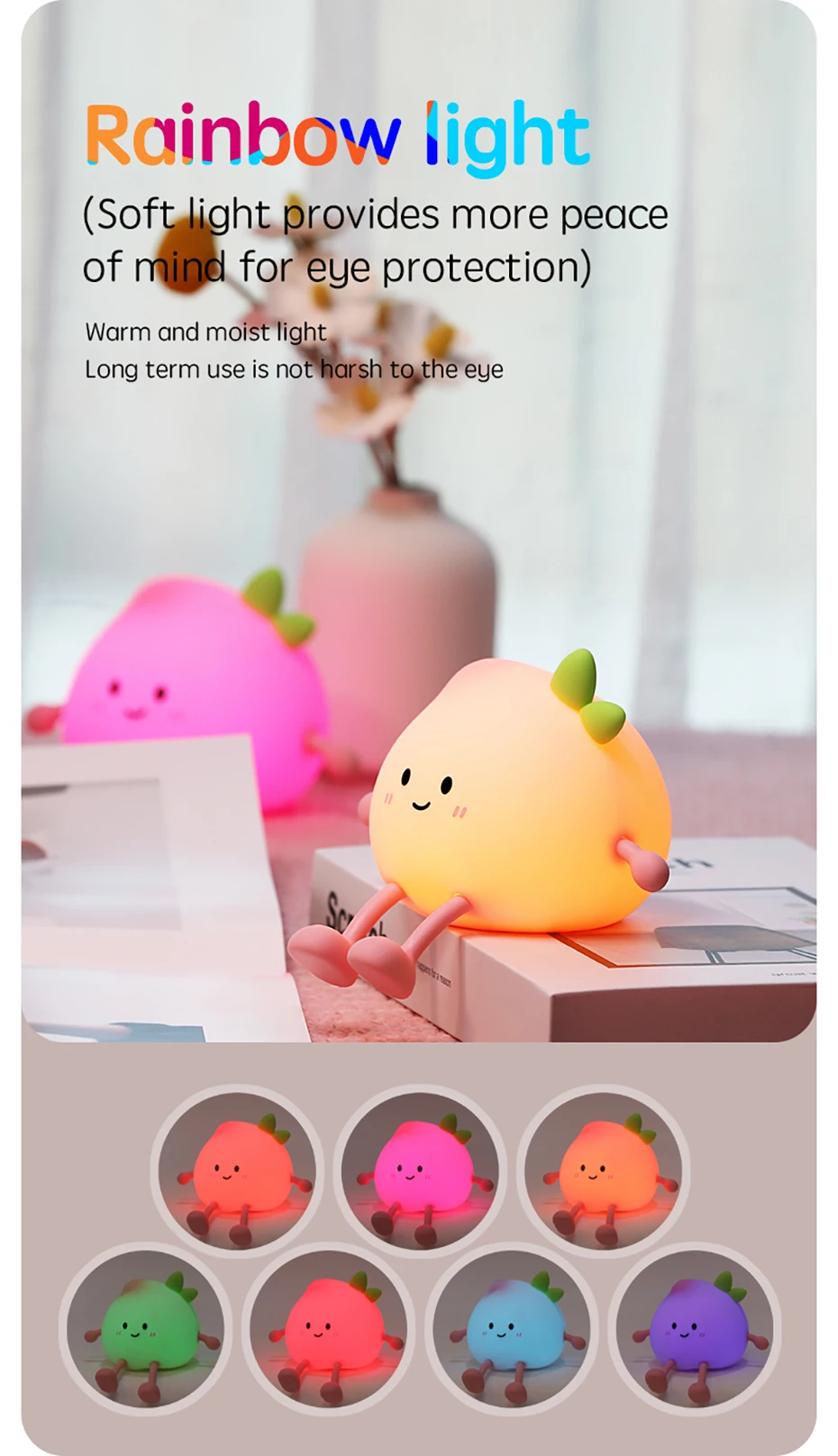 Cartoon Silicone Peach Sleep Lamp,USB ReChargable, LED Night Light for Children Holiday Gift, Cute Bedside Decor
