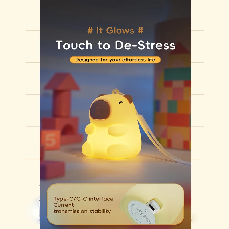 Capybara Cute Night Light, Squishy Lamp Gifts Toys, Rechargeable LED Dimmable Silicone Nightlight for Kids