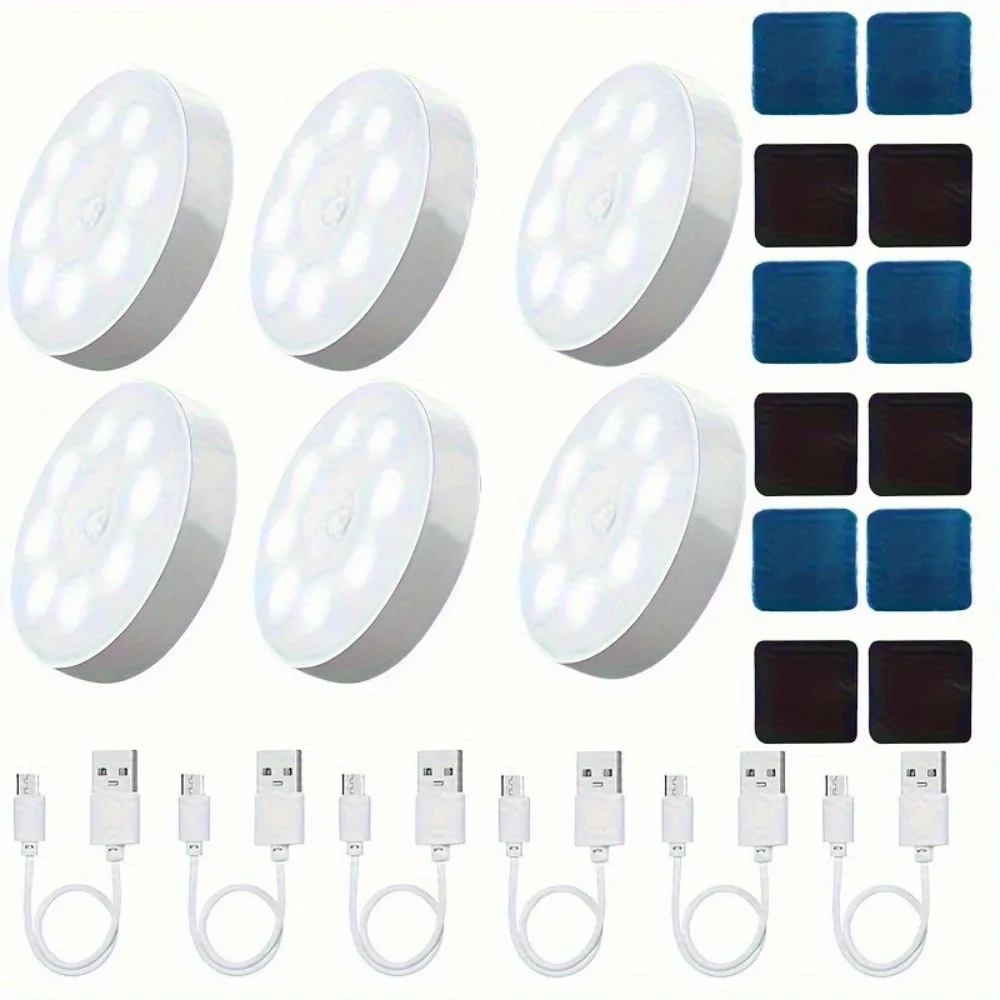 6pcs USB rechargeable LED motion sensor light, indoor adhesive magnetic closet light, induction light, 8LED light, battery power