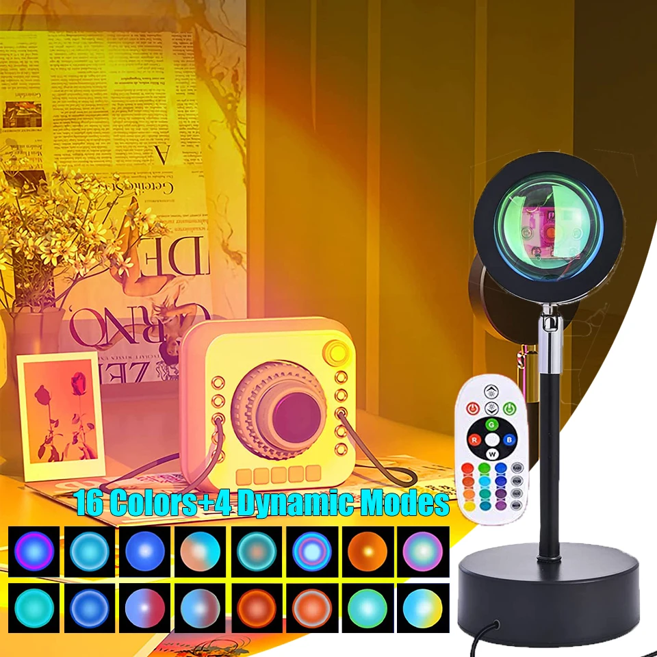 16 Colors RGB Photography Sunset Lamp Led Usb Projector Night Light Remote Neon Bedroom Home Coffee Store Wall Decoration Gift