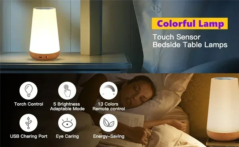 GGbingo USB Touch Control LED Night Light 13 Colors Dimmable Bedside Table Lamp with Remote for Bedroom Camping Decor