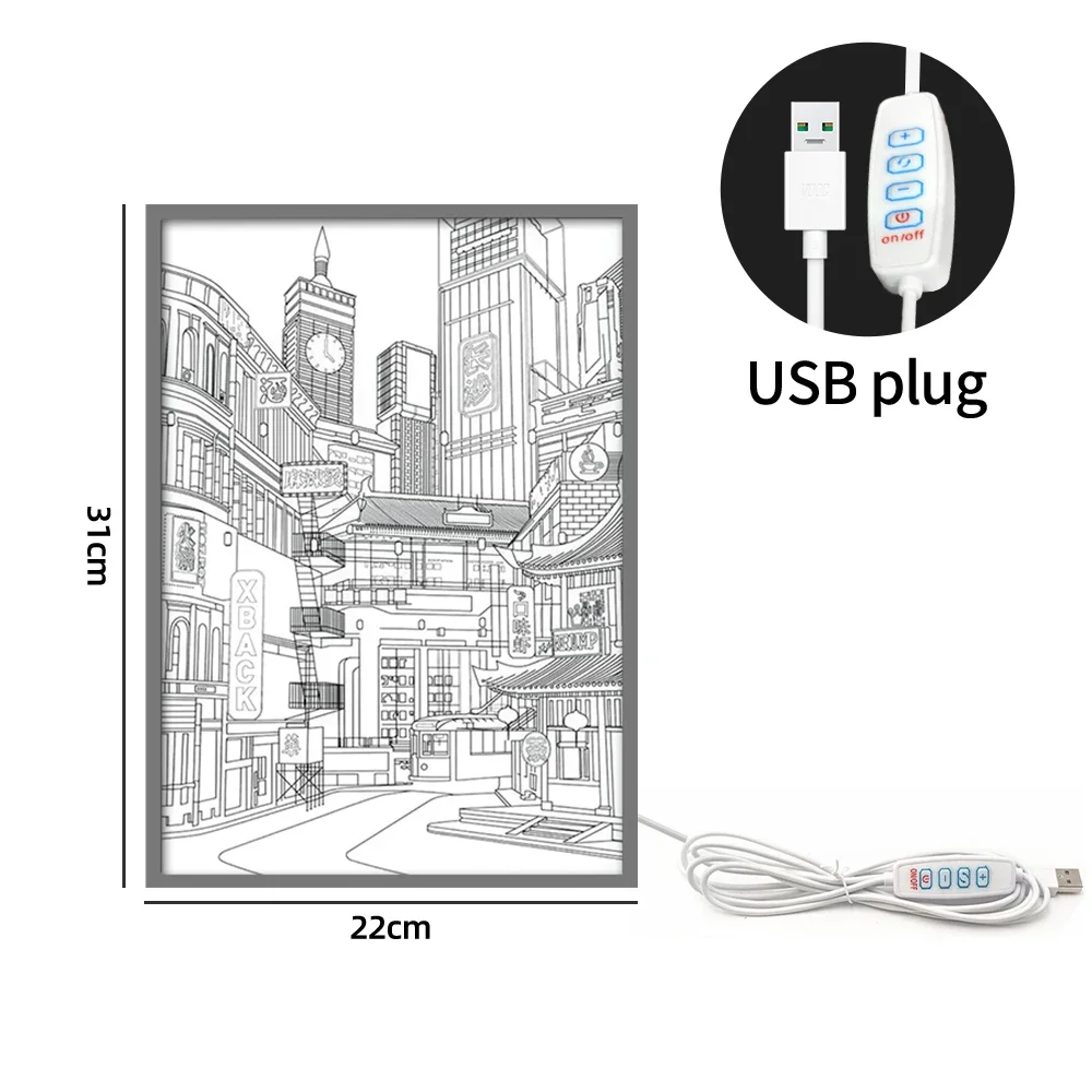 LED Beautiful City Night View Light Painting,HD Picture Narrow Bezel Usb Plug Dimming Romantic Home Decorations Night Lamp