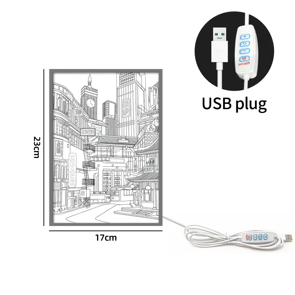 LED Beautiful City Night View Light Painting,HD Picture Narrow Bezel Usb Plug Dimming Romantic Home Decorations Night Lamp