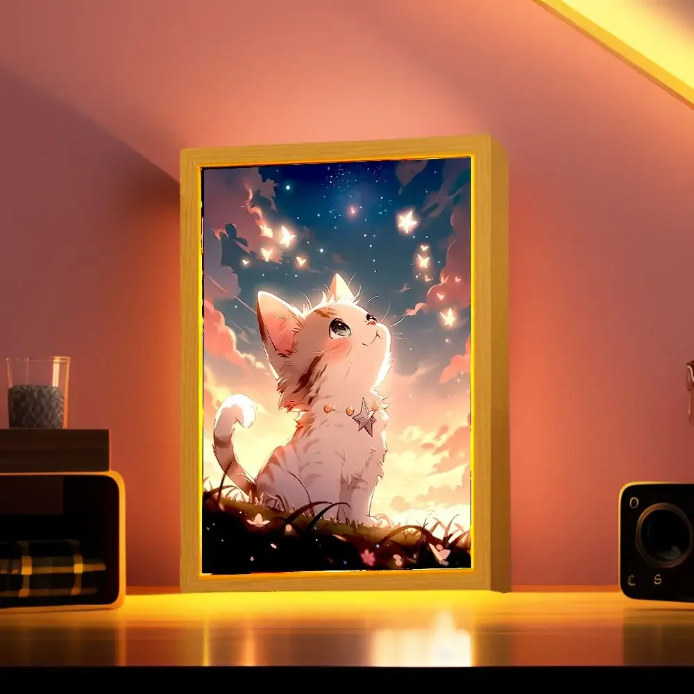 Cute Cat Kawaii Pets Light Painting Picture Frame Led Night Light Moon Lamp Room Decor Home Bedroom Friends Kids Birthday Gifts