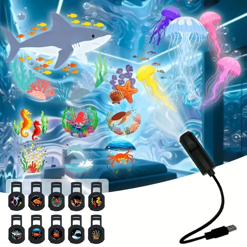 Ocean LED Projector Light 360° Rotation Adjustable USB Plug-in Night Light More Pattern Designs for Walls Ceilings Best Gift
