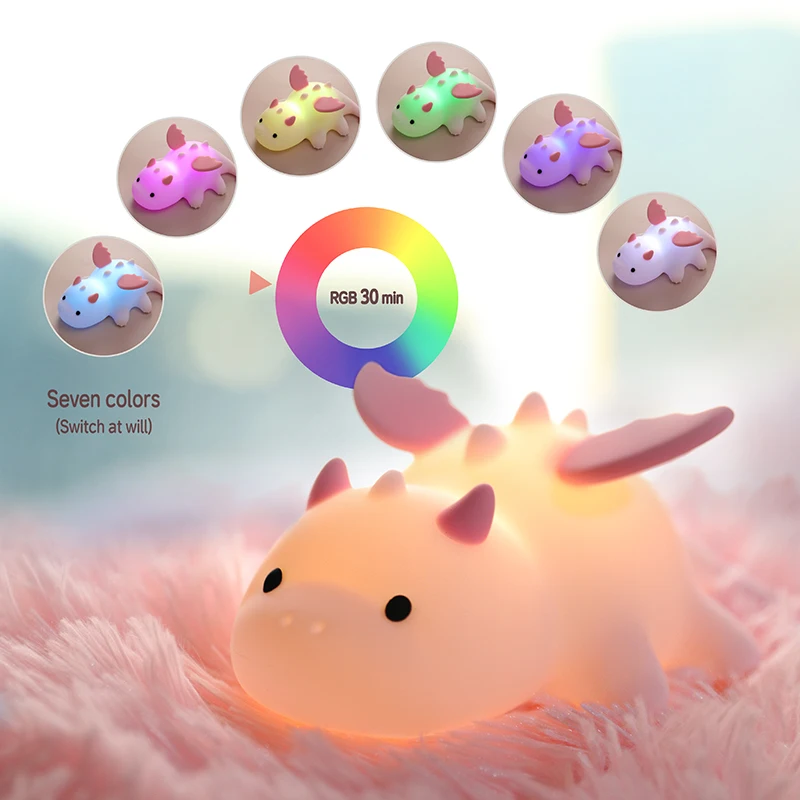 Cute Baby Dragon Night Light For Kids Rechargeable Dimmable Nursery Bedside Silicone Animal Lamp Color Changing Sleeping Light