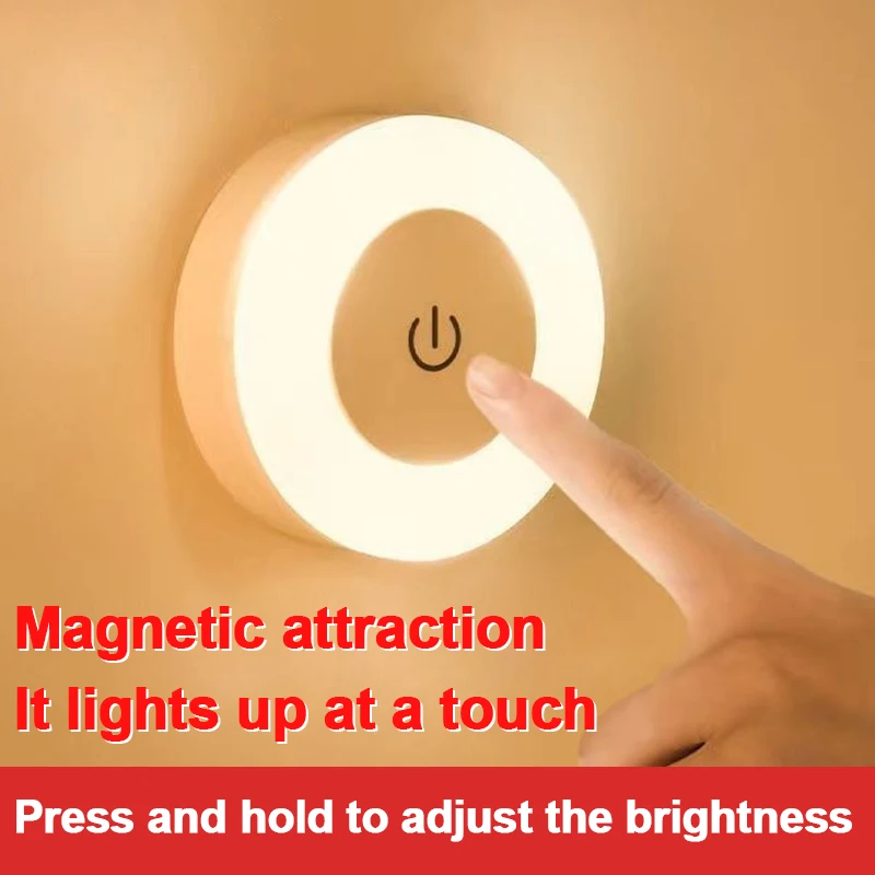 Mini LED Touch Sensor Night Lights USB Rechargeable Kitchen Bedroom Magnetic Base Wall Light Round Portable Dimming Night Lamp