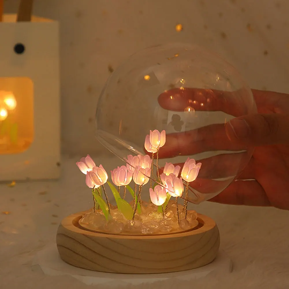Tulip Flower Night Light With Glass Cover Handmade DIY Bedside Light LED Night Lamp Table Desk Lamp Bedroom Decor USB Mood Light