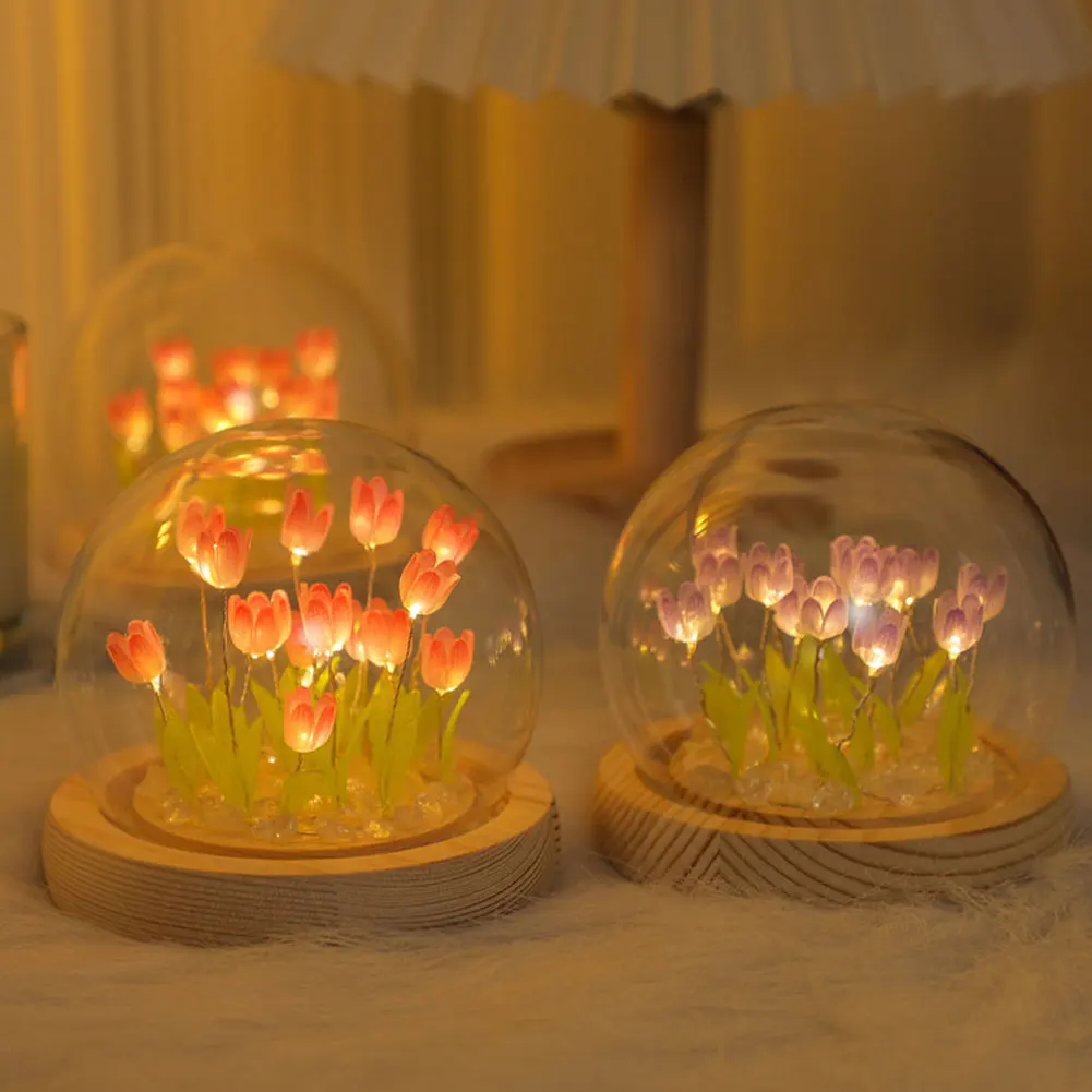 Tulip Flower Night Light With Glass Cover Handmade DIY Bedside Light LED Night Lamp Table Desk Lamp Bedroom Decor USB Mood Light