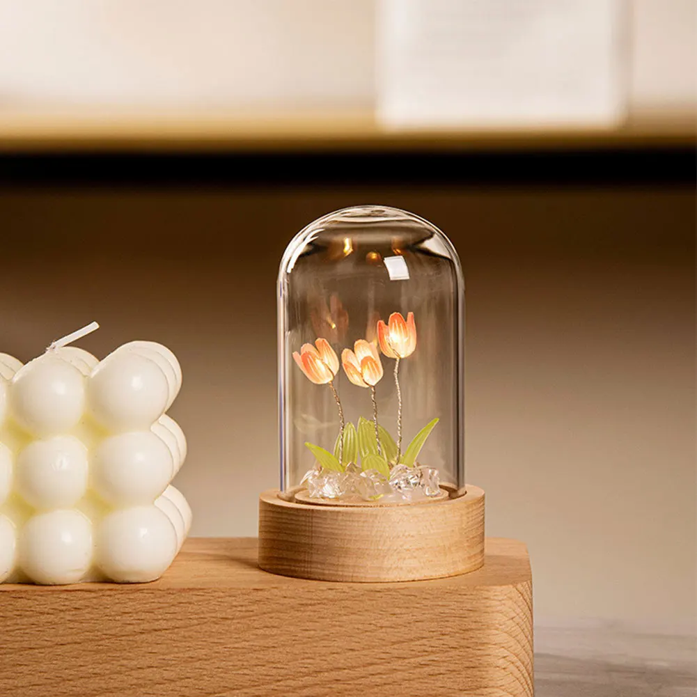 Tulip Flower Night Light With Glass Cover Handmade DIY Bedside Light LED Night Lamp Table Desk Lamp Bedroom Decor USB Mood Light