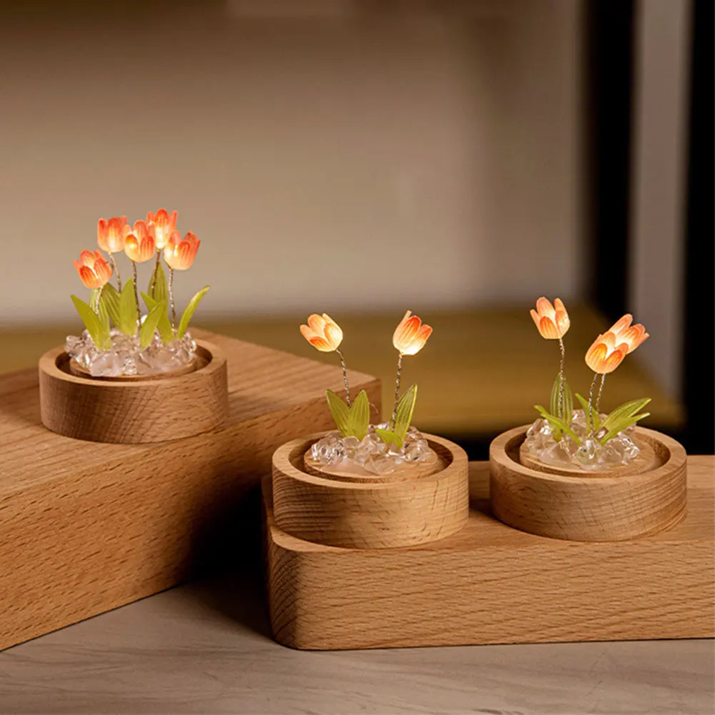 Tulip Flower Night Light With Glass Cover Handmade DIY Bedside Light LED Night Lamp Table Desk Lamp Bedroom Decor USB Mood Light