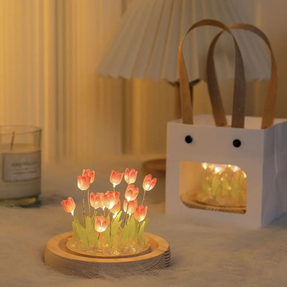 Tulip Flower Night Light With Glass Cover Handmade DIY Bedside Light LED Night Lamp Table Desk Lamp Bedroom Decor USB Mood Light